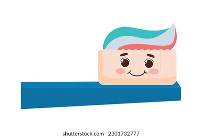 Toothbrush with toothpaste character. Products for hygiene and oral care. Mascots for dentist and pediatrician. Template and mock up. Cartoon flat vector illustration isolated on white background
