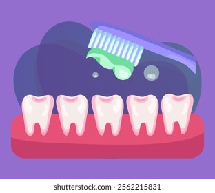 Toothbrush with toothpaste cleaning teeth vector illustration. Cartoon drawing of white healthy teeth and pink gum on purple background. Stomatology or dentistry, health, oral hygiene concept