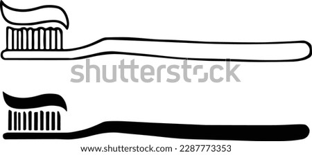 Toothbrush with Toothpaste Clipart Set - Outline and Silhouette	