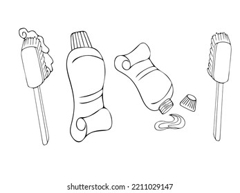 Cepillo de dientes y pasta dental. Dibujo manual de contorno. Aislado sobre fondo blanco. Para logotipo, como icono, estilizado, decoración, estilizado elemento dental
