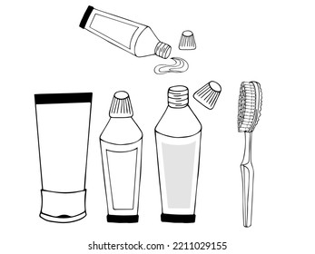 Toothbrush and toothpaste. Contour hand drawing. Isolated on white background. For logo, as icon, stylized, decor, stylized dental element