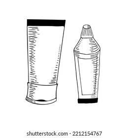 Toothbrush and toothpaste. Contour hand drawing. Isolated on white background. For logo, as icon, stylized, decor, stylized dental element