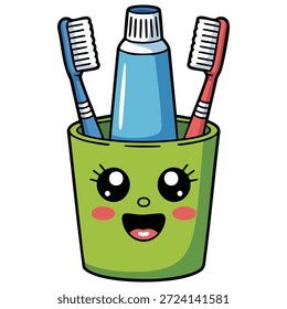 Toothbrush and toothpaste in cup isolated vector illustration on white background