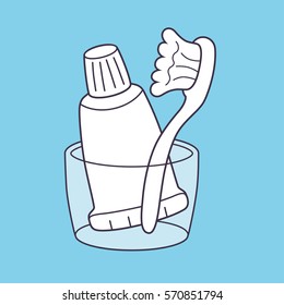 Toothbrush and toothpaste in a cup vector icon.