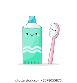 Toothbrush and toothpaste. Cute kawaii characters of pediatric dentistry.