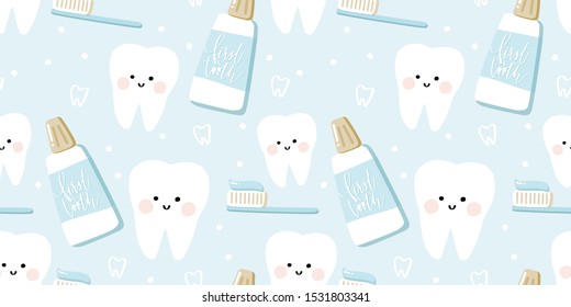 Toothbrush, Toothpaste Dental Care For Baby And Kids Seamless Pattern. Kawaii Clean Teeth With Pink Cheeks And Cute Smile. Pastel Blue, Golden Beige And White Orthodontics Vector Stock Repeat Design.