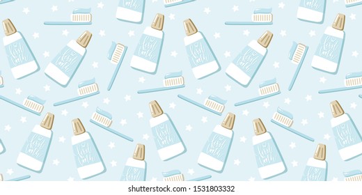 Toothbrush, Toothpaste Dental Care, Dentist, Stomatology Seamless Pattern Design. Pastel Blue, Golden Beige And White Oral Care Vector Stock Repeat Background. 