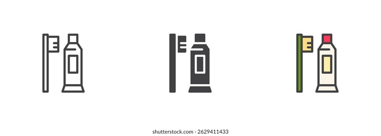 Toothbrush and toothpaste different style icon set. Line, glyph and filled outline colorful version, outline and filled vector sign. Symbol, logo illustration. Vector graphics