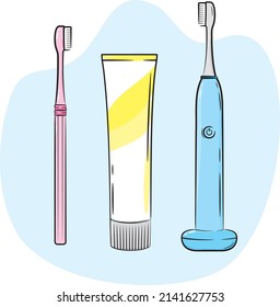 Toothbrush, toothpaste and electric toothbrush vector drawing.