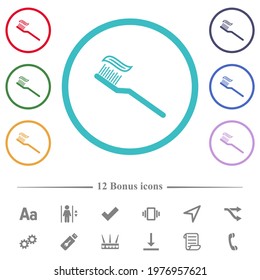 Toothbrush with toothpaste flat color icons in circle shape outlines. 12 bonus icons included.