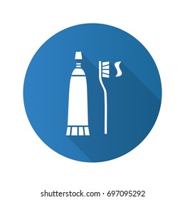 Toothbrush and toothpaste. Flat design long shadow glyph icon. Dentifrice. Vector silhouette illustration