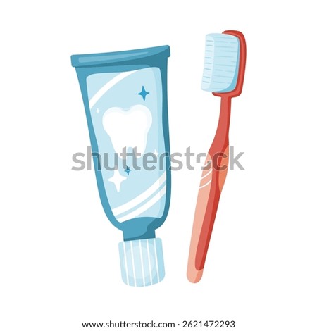 Toothbrush and toothpaste flat icon for dental care, oral hygiene, and daily tooth cleaning routine concept. Vector illustration isolated on white background.