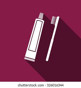 Toothbrush and toothpaste flat icon with long shadow. Vector Illustration