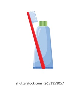 Toothbrush and Toothpaste Flat Vector Illustration Isolated on White. Red toothbrush and blue tube of toothpaste. Ideal design element for dental hygiene, healthcare, and daily routine visuals.