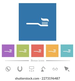 Toothbrush with toothpaste flat white icons in square backgrounds. 6 bonus icons included.