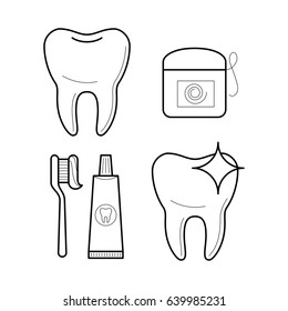 Toothbrush, toothpaste and floss. Icons of equipment for tooth hygiene in thin line style. Oral clean and care symbols. Vector outline simple illustrations isolated on white background.