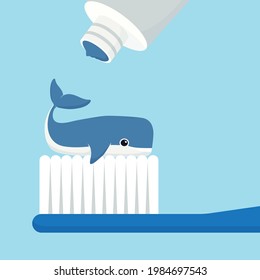 A toothbrush with toothpaste in the form of a whale. Cute illustration about teeth cleaning and hygiene. Art for pediatric dentistry, hygiene products for children