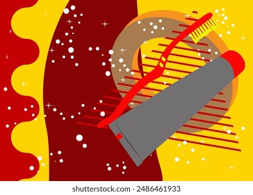 Toothbrush and Toothpaste geometrical graphic retro theme background. Minimal geometric elements. Vintage abstract shapes vector illustration.