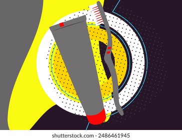 Toothbrush and Toothpaste geometrical graphic retro theme background. Minimal geometric elements. Vintage abstract shapes vector illustration.