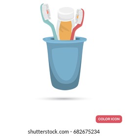 Toothbrush and toothpaste in a glass color flat icon for web and mobile design
