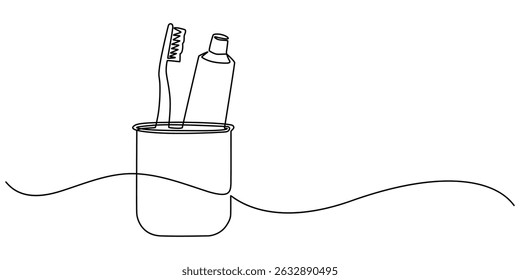 Toothbrush and toothpaste are in  a glass continuous one line art drawing, Single continuous line drawing several toothbrushes in glass. Dental care equipment at home. Brushing teeth. Teeth care.