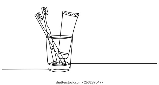 Toothbrush and toothpaste are in  a glass continuous one line art drawing, Single continuous line drawing several toothbrushes in glass. Dental care equipment at home. Brushing teeth. Teeth care.