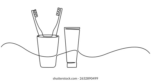 Toothbrush and toothpaste are in  a glass continuous one line art drawing, Single continuous line drawing several toothbrushes in glass. Dental care equipment at home. Brushing teeth. Teeth care.