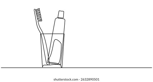 Toothbrush and toothpaste are in  a glass continuous one line art drawing, Single continuous line drawing several toothbrushes in glass. Dental care equipment at home. Brushing teeth. Teeth care.