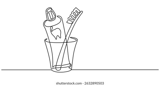 Toothbrush and toothpaste are in  a glass continuous one line art drawing, Single continuous line drawing several toothbrushes in glass. Dental care equipment at home. Brushing teeth. Teeth care.