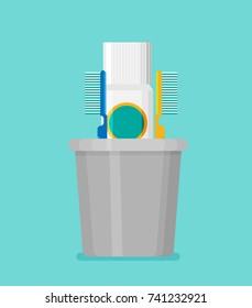 Toothbrush, toothpaste in a glass. Flat illustration.