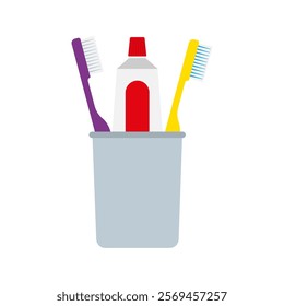 toothbrush and toothpaste in glass, flat vector illustration isolated on white background