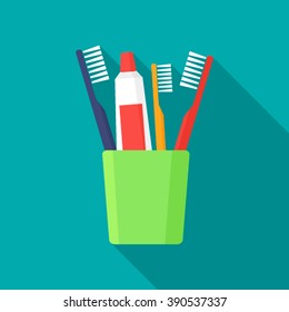 Toothbrush, toothpaste in a glass isolated on white background flat illustration.