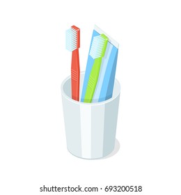 Toothbrush and toothpaste in glass isolated on white background. Isometric vector illustration