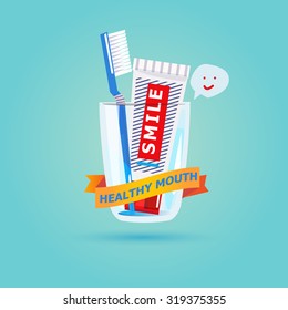 Toothbrush and toothpaste in glass with label design. healthy mouth concept - vector illustration