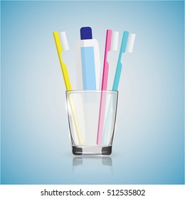 Toothbrush, toothpaste in a glass on a blue background