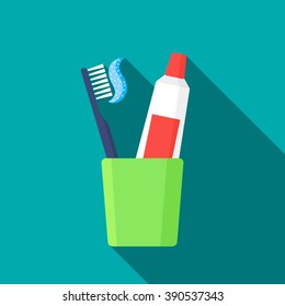 Toothbrush, toothpaste in a glass vector illustration. 