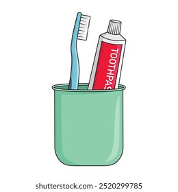 Cepillo de dientes y pasta de dientes en un vidrio verde. Diseño de Vector