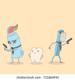 toothbrush and toothpaste guard a happy and healthy tooth