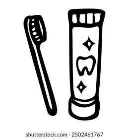 Toothbrush and toothpaste hand drawn doodle. Hygiene before bed. Time to sleep. Vector outline line art illustration.
