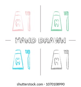 Toothbrush with toothpaste hand drawn icons set. Dentifrice. Color brush stroke. Isolated vector sketchy illustrations