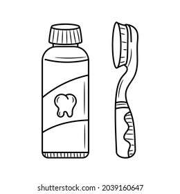 Pincel de dientes y pasta dental, objetos vectoriales dibujados a mano