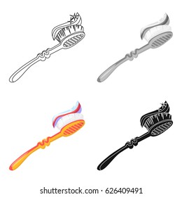 Toothbrush with toothpaste icon in cartoon style isolated on white background. Dental care symbol stock vector illustration.