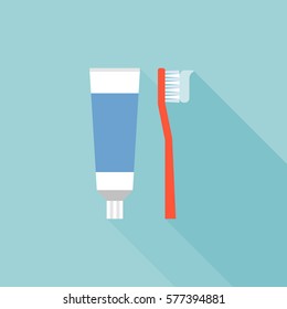 Toothbrush and toothpaste icon, flat design vector