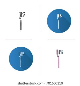 Toothbrush with toothpaste icon. Flat design, linear and color styles. Dentifrice. Isolated vector illustrations