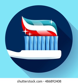 Toothbrush with toothpaste Icon flat style. Tricolor and shining with sparkles. Dentist care symbol.
