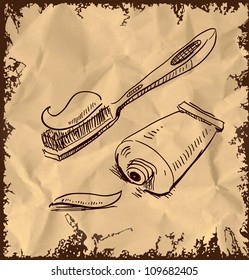 Toothbrush and toothpaste icon isolated on vintage background. Hand drawing sketch vector illustration