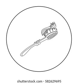 Toothbrush with toothpaste icon in outline style isolated on white background. Dental care symbol stock vector illustration.