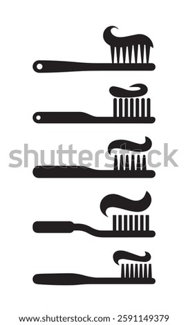 Toothbrush and Toothpaste Icon Set. Dental, Hygiene, Bristles, Modern, Classic, Silhouette Design