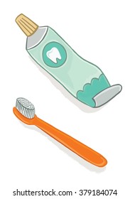 a toothbrush and toothpaste. Illustration in the style of children