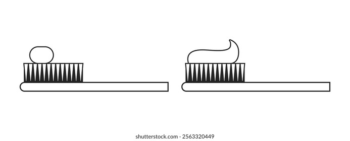 Toothbrush and toothpaste instruction symbol icons. Insufficient and sufficient amount, right amount of toothpaste on the toothbrush. Silhouette line art for packaging